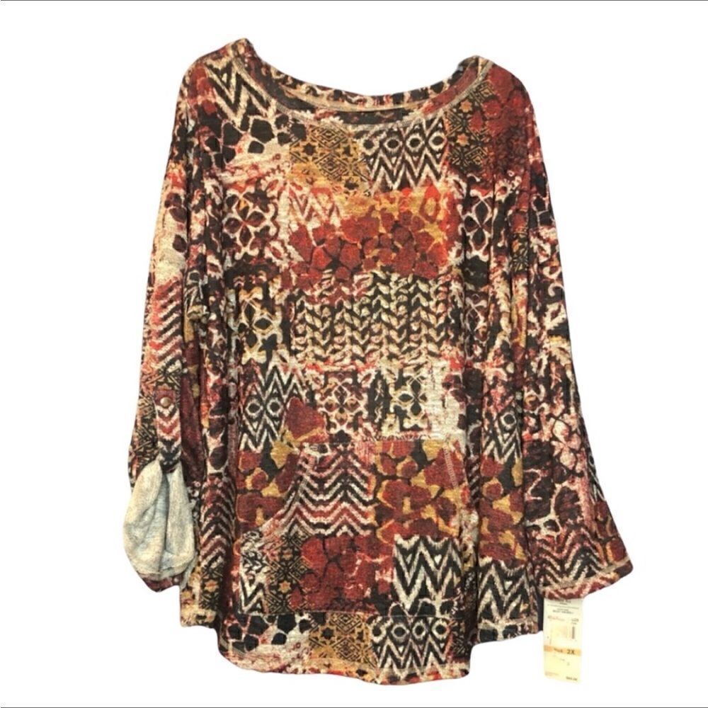 NWT Ruby Rd. Blouse Red Black Tan Grey Button-up Sleeves 2 Front Pockets Sz: 3X